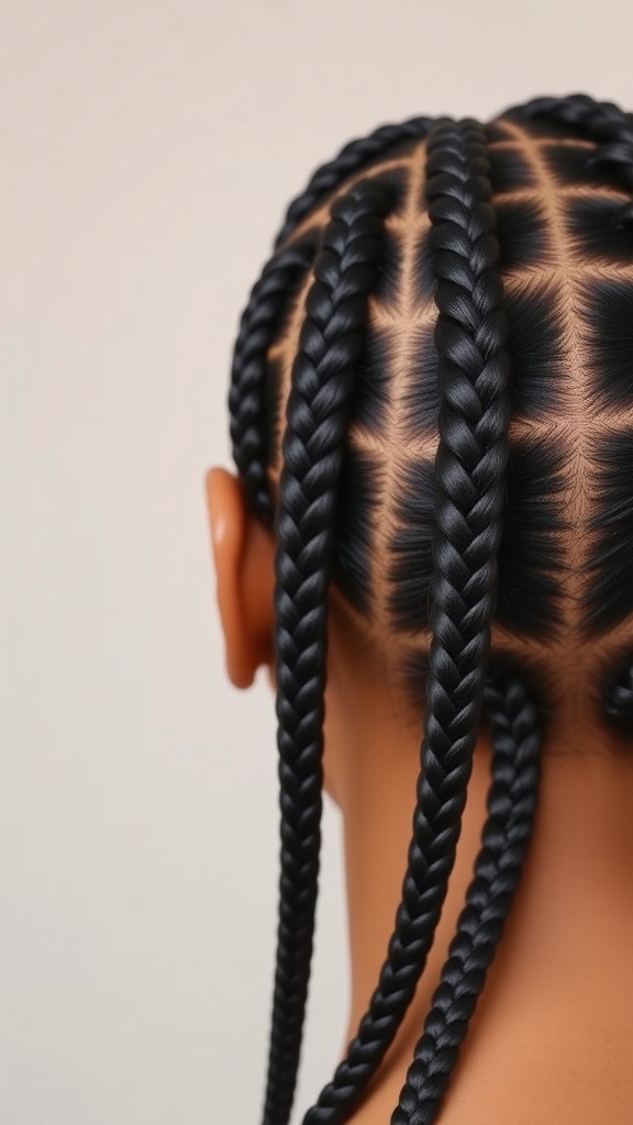 5 Straight Back Cornrow Braids Tutorial Five straight back cornrow braids on a model, neatly styled with a shiny finish.